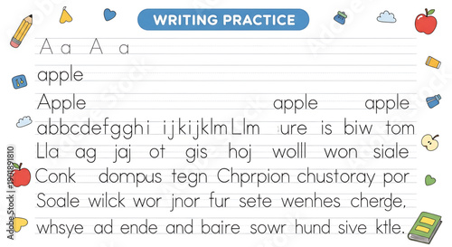 Colorful writing practice worksheet with apples and school supplies for kids learning