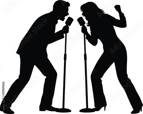 profile silhouette of a talented guy and girl singing a duet into a microphone, concept art of voice and music, love and relationships on a white isolated background.