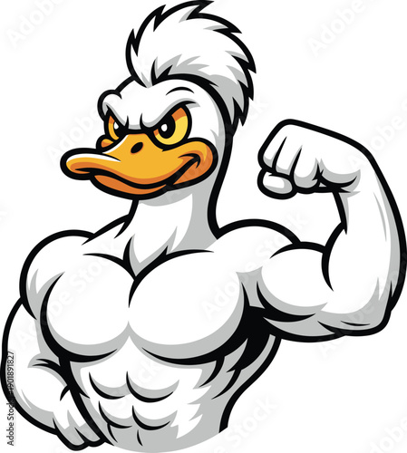 Muscular duck cartoon mascot flexing powerful arm, confident animal character illustration for sports teams, fitness branding, logos, strength concepts, competitive design, stock use
