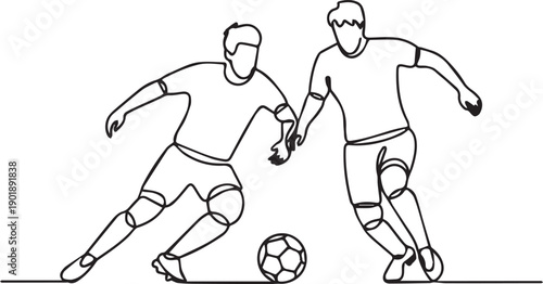 A minimalist line drawing depicts two soccer players in action with a soccer ball