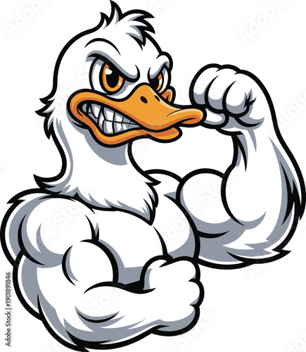 Muscular duck cartoon mascot flexing strong arms, aggressive sports character illustration for teams, logos, fitness branding, competitive attitude, power, stock use, design, concept