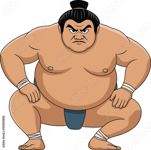 Powerful sumo wrestler cartoon illustration in traditional stance, strong Japanese sports character design for martial arts themes, mascots, culture, strength concepts, stock use