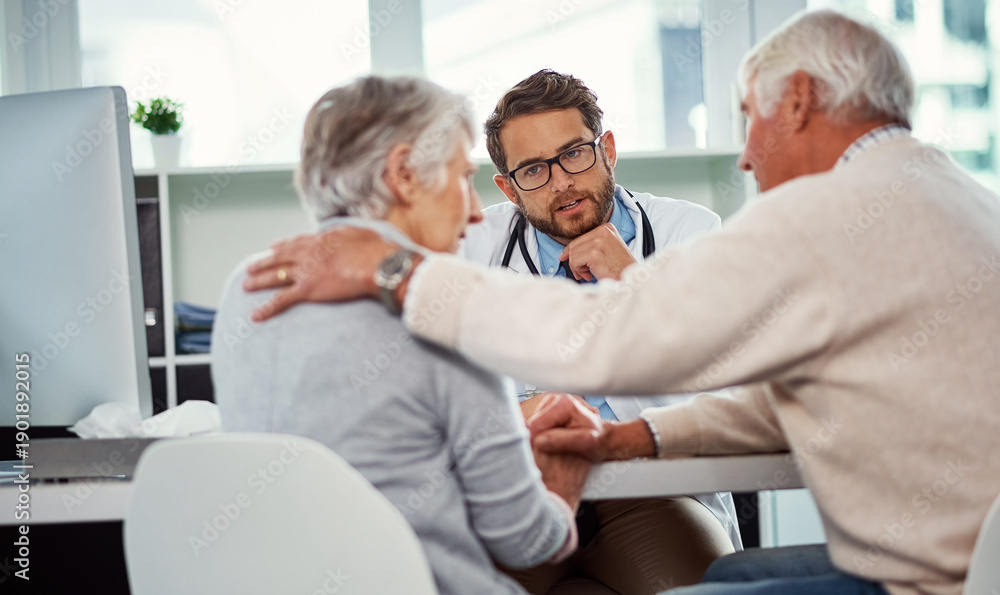 Obraz premium Support, elderly couple and doctor in consultation, cancer diagnosis or empathy for medical condition. Comfort, senior people and physician with bad news for disease, console and compassion in clinic