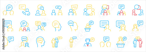 Set of communication and discussion icons with people and speech bubbles in various styles and colors, representing dialogue and conversation, conveying messages