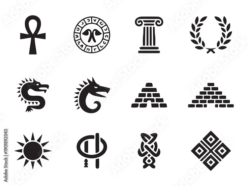 Set of cultural symbols and mythological creatures, ancient iconography, historical artifacts and symbols, dragons, pyramids, sun, compass, scroll, laurel wreath, column, anchor, knot