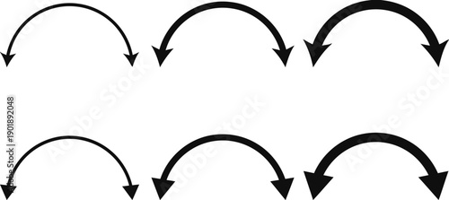 Set of curved arrow icons with increasing thickness and varying lengths, indicating direction, progression, or varying degrees of intensity