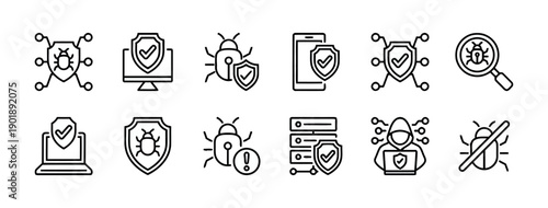 Set of cybersecurity icons representing protection against viruses and malware on computers and mobile devices with shields and bugs symbols and digital circuits