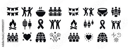 Set of diverse icons representing celebration, togetherness, community, and cultural events, 