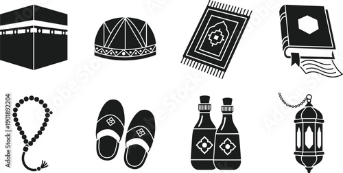 Black and white vector illustration of Islamic cultural icons including Kaaba, Quran, prayer rug, lantern, beads, cap, slippers, bottles