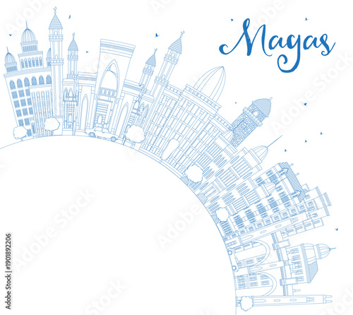 Outline Magas Russia city skyline with blue buildings and copy space. Magas cityscape with landmarks. Travel and tourism concept with modern and historic architecture.
