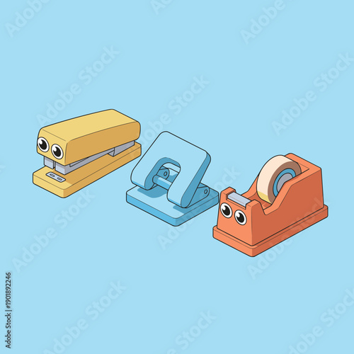 Set of three cute isometric office supply characters including yellow stapler blue hole punch and orange tape dispenser with funny googly eyes