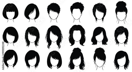 A collection of 16 different hairstyles for women depicted in simple black and white illustrations on a plain white background.