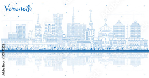 Outline Voronezh Russia city skyline with blue buildings and reflections. Voronezh cityscape with landmarks. Business travel and tourism concept with modern and historic architecture.