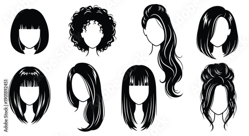 A set of eight distinct hairstyles for women, each with unique styling and silhouetted against a clean white background in a graphic illustration.