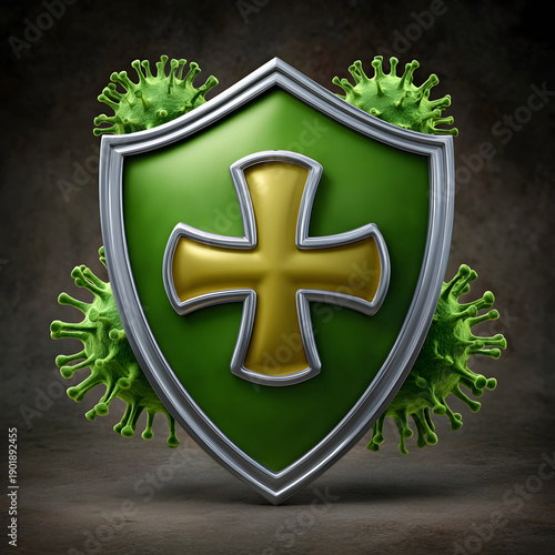 Green shield with golden cross symbolizing protection against virus-like threats
