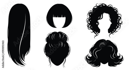 A set of five distinct hairstyles for women depicted in a simple black silhouette style against a clean white background.