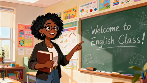 Cartoon illustration of an English teacher standing at the blackboard in a school classroom. Vector graphics.