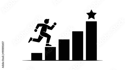 Stairway to Success: A minimalist graphic depicts a determined figure ascending a staircase towards a star, symbolizing the relentless pursuit of goals.