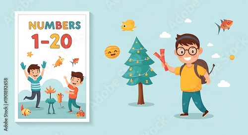 Happy children learning numbers 1 20 with cartoon tree and smiling boy holding book outdoors