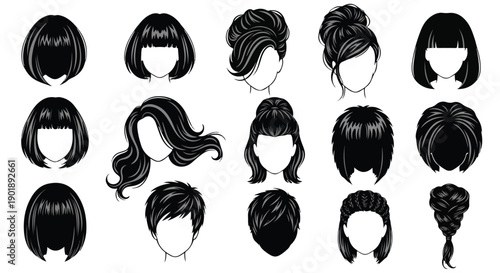 A set of various hairstyles for women, showcasing different cuts and styles against a clean white background in a graphic illustration.