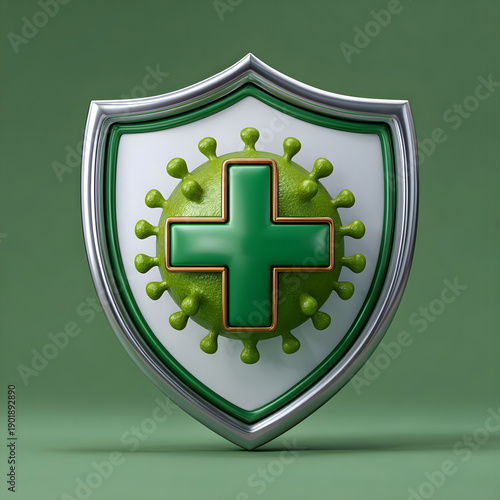 Shield emblem featuring a stylized virus within a cross symbol for health protection.