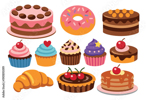 Colorful sweet dessert set featuring cakes, cupcakes, donut, and croissant for menus and celebrations