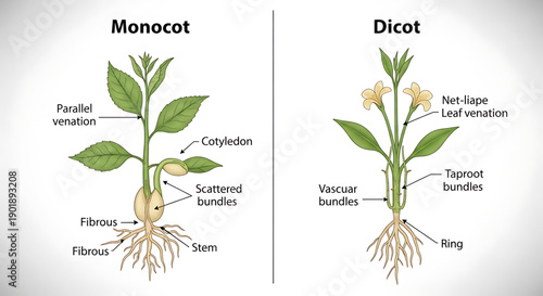 Detailed illustration of monocot and dicot plant structures showcasing roots stems leaves and flowers