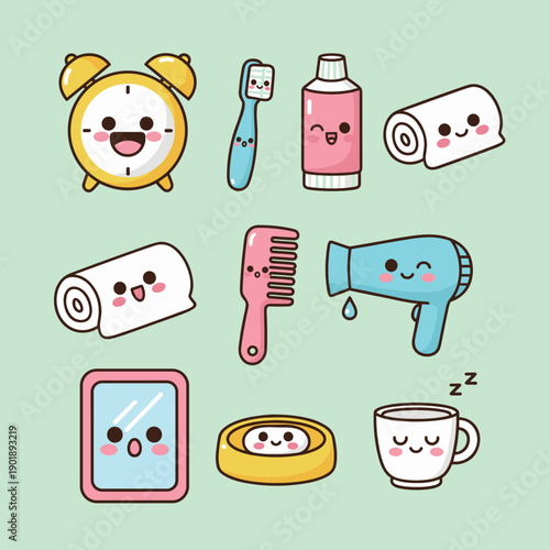 Cute morning routine bathroom icons set with kawaii alarm clock toothbrush toothpaste toilet paper comb hair dryer mirror soap and mug