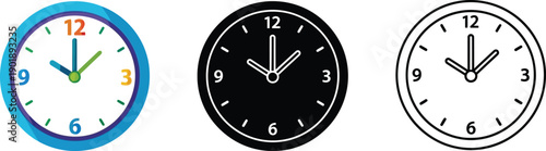 Three different stylistic representations of a circular analog clock face showing the time precisely at ten o'clock are displayed.