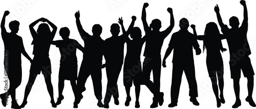 Black silhouettes of happy friends jumping and celebrating together with raised hands, party crowd group isolated on white background, festival concert and nightlife concept.