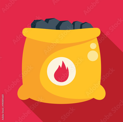 Yellow bag displaying a fire flame symbol and containing charcoal briquettes