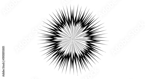Radial black abstract burst pattern with sharp symmetrical spikes, representing energy, focus, intensity, and visual impact; ideal for modern design, backgrounds, posters, logos, abstract art projects