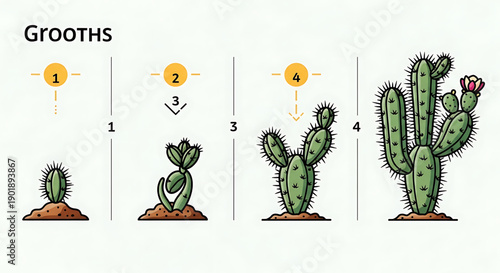 Cactus growth stages illustration with four steps and sunlight