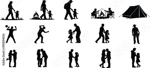 Black silhouette vector icons of family camping trips with tents campfires parents playing with children and romantic couples outdoor flavector