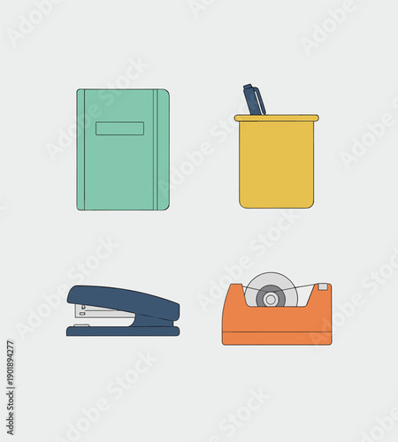 Flat vector illustration set of office stationery icons including a green notebook yellow pen holder blue stapler and orange tape dispenser on grey