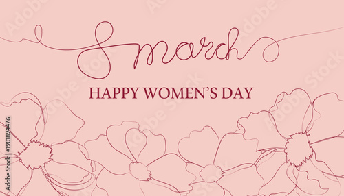 Мarch 8 Women's Day linear flowers greeting card, poster, background, frame, banner, template, layout typography design for advertising, web, social media.