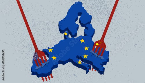 Conceptual illustration of global superpowers USA and China exerting economic and political influence on EU market European Union, depicted as forks carving a map