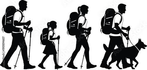 Black silhouette vector icons set of diverse people families and groups walking across different bridge styles and outdoor camping scenes flavector