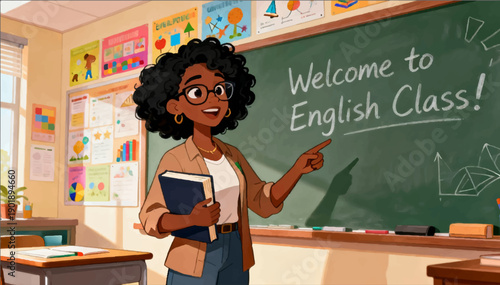 Cartoon illustration of an English teacher standing at the blackboard in a school classroom. Vector graphics.