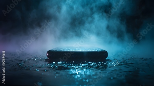 Mysterious illuminated platform amidst ethereal blue and purple smoke, creating a captivating atmosphere.