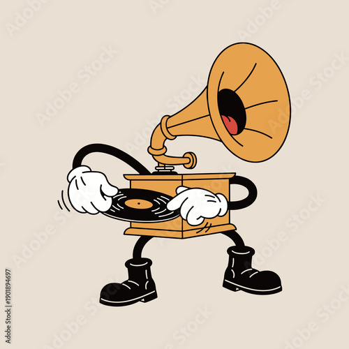 Vintage rubber hose cartoon character style of a gramophone phonograph playing a vinyl record with white gloved hands and moving legs on beige