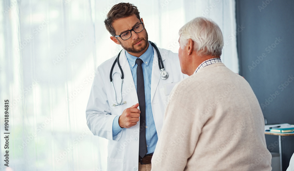 Fototapeta premium Medical, old man or doctor in hospital with consultation, specialist advice or assessment in retirement. Space, senior person or gp with checkup, patient review or help in healthcare appointment.