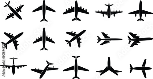 Airplane silhouette collection showing passenger aircraft top view flight angles isolated black vector illustration