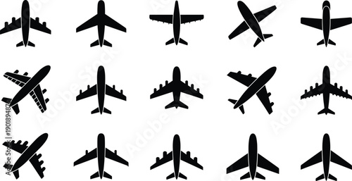 Airplane silhouette icon set showing passenger aircraft top view angles isolated black vector illustration