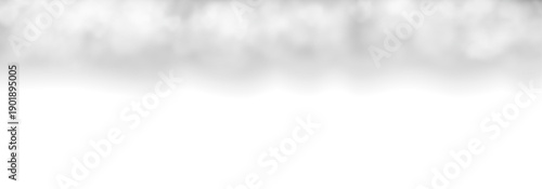 White and grey realistic overhanging clouds. Vector template of transparent clouds isolated on white background. Fog, smog, mist or vapor effect. Atmospheric phenomena.