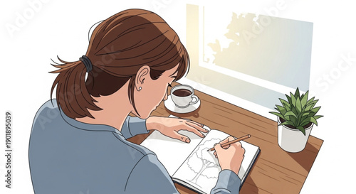 Over-the-shoulder view of a woman drawing a tree in her sketchbook at a sunlit desk with a potted plant and coffee.