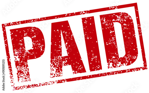 A close-up view of a red Paid stamp on a white background with distressed texture.
