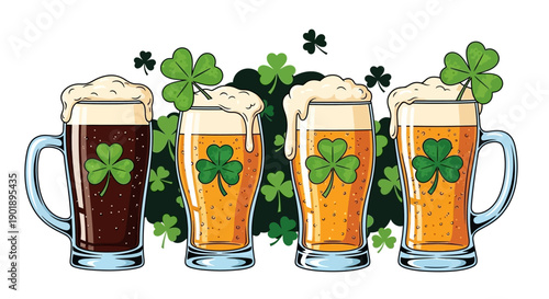 Four Glasses of Beer with Shamrocks and Bubbles for St. Patrick's Day Celebration