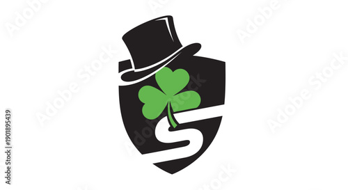 Shamrock and Top Hat Logo on Shield with Abstract Curve