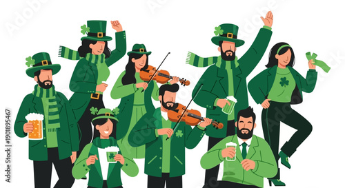 People in Green Celebrating St. Patrick's Day with Music and Drinks